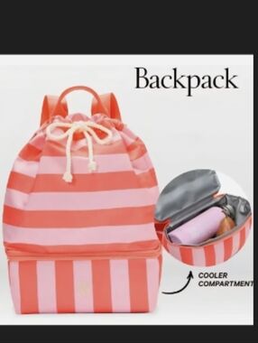 NWT Victoria's Secret Pink & Coral Striped Drawstring Backpack VS Summer Cooler